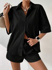 Muchica Solid Button Front Shirt & Shorts - Black - View 4