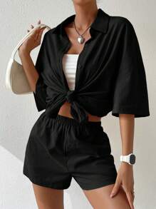 Muchica Solid Button Front Shirt & Shorts - Black - View 8