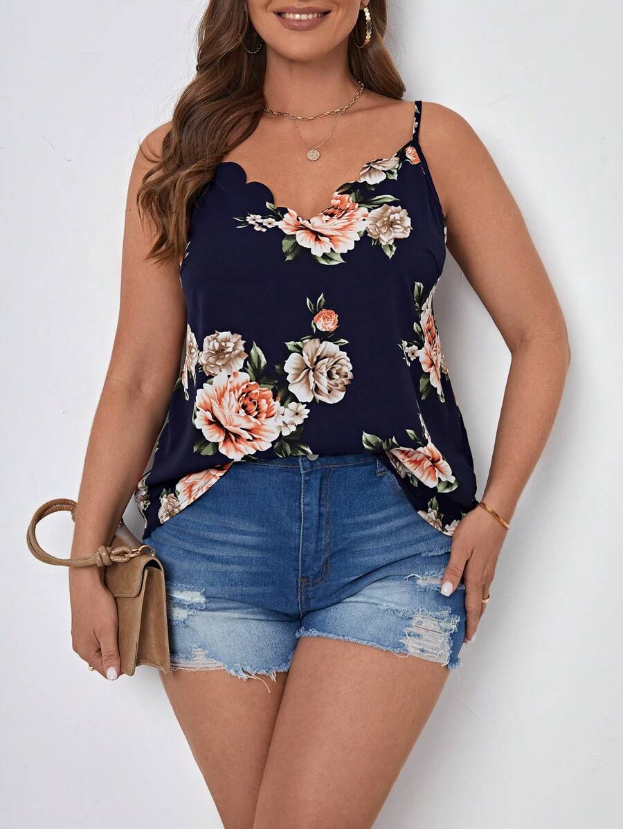 SHEIN LUNE Plus Floral Print Scallop Trim Cami Top - Navy Blue - View 1