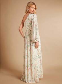 SHEIN Belle 滿版印花單肩燈籠袖連衣裙 - 彩色 - 查看 3