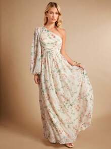 SHEIN Belle 滿版印花單肩燈籠袖連衣裙 - 彩色 - 查看 2