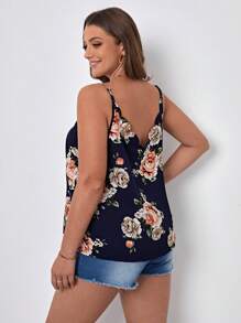SHEIN LUNE Plus Floral Print Scallop Trim Cami Top - Navy Blue - View 2