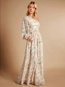 SHEIN Belle 滿版印花單肩燈籠袖連衣裙 - 彩色 - 查看 1