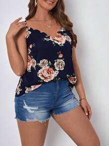 SHEIN LUNE Plus Floral Print Scallop Trim Cami Top - Navy Blue - View 3