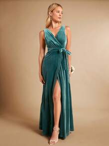 SHEIN Belle 交疊領腰帶絲絨伴娘連衣裙 - 水鴨藍 - 查看 1