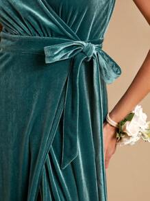 SHEIN Belle 交疊領腰帶絲絨伴娘連衣裙 - 水鴨藍 - 查看 2