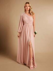 SHEIN Belle One Shoulder Lantern Sleeve Split Thigh Chiffon Bridesmaid Dress - Baby Pink - View 4