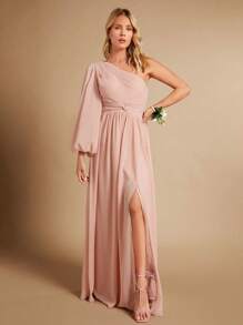 SHEIN Belle One Shoulder Lantern Sleeve Split Thigh Chiffon Bridesmaid Dress - Baby Pink - View 5