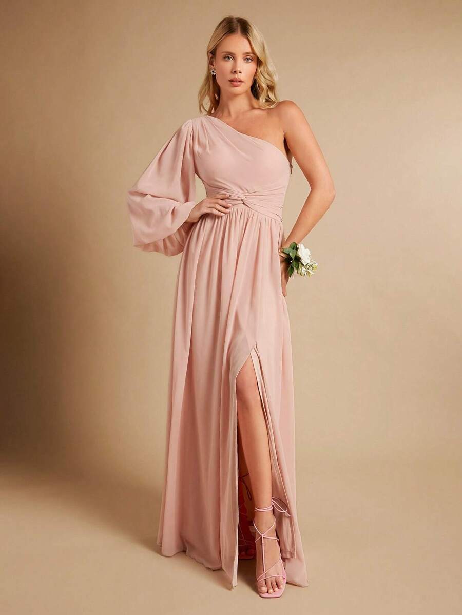SHEIN Belle One Shoulder Lantern Sleeve Split Thigh Chiffon Bridesmaid Dress - Baby Pink - View 1