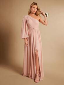 SHEIN Belle One Shoulder Lantern Sleeve Split Thigh Chiffon Bridesmaid Dress - Baby Pink - View 3