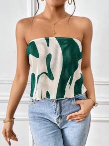 SHEIN Essnce 圖案印花抹胸上衣 - 綠色 - 查看 5
