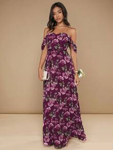 SHEIN Belle Floral Print Off Shoulder Ruffle Trim Chiffon Dress - Multicolor - View 5