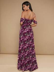 SHEIN Belle Floral Print Off Shoulder Ruffle Trim Chiffon Dress - Multicolor - View 3