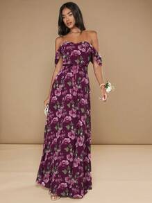 SHEIN Belle Floral Print Off Shoulder Ruffle Trim Chiffon Dress - Multicolor - View 1