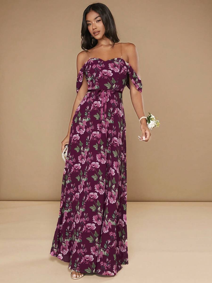 SHEIN Belle Floral Print Off Shoulder Ruffle Trim Chiffon Dress - Multicolor - View 1