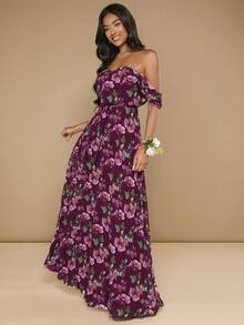 SHEIN Belle Floral Print Off Shoulder Ruffle Trim Chiffon Dress - Multicolor - View 2