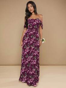 SHEIN Belle Floral Print Off Shoulder Ruffle Trim Chiffon Dress - Multicolor - View 6