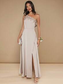 SHEIN Belle One Shoulder Appliques Detail Split Thigh Bridesmaid Dress Elegant Formal Evening Prom Wedding Guest Gown, For Graduation, Dinner - Champagne - View 4