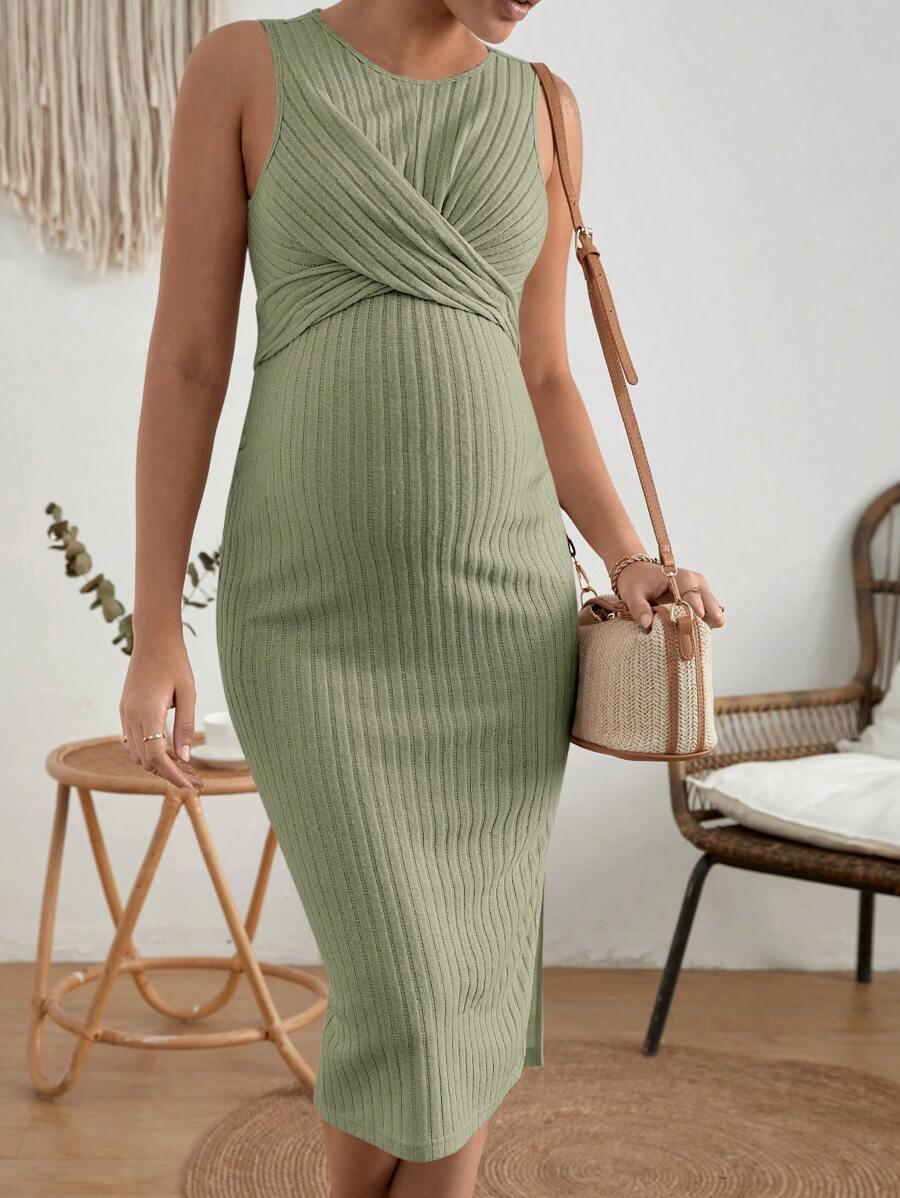 SHEIN Maternity Solid Ribbed Knit Wrap Cross Tie Back Dress - Mint Green - View 1