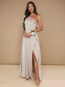 SHEIN Belle One Shoulder Appliques Detail Split Thigh Bridesmaid Dress Elegant Formal Evening Prom Wedding Guest Gown, For Graduation, Dinner - Champagne - View 3