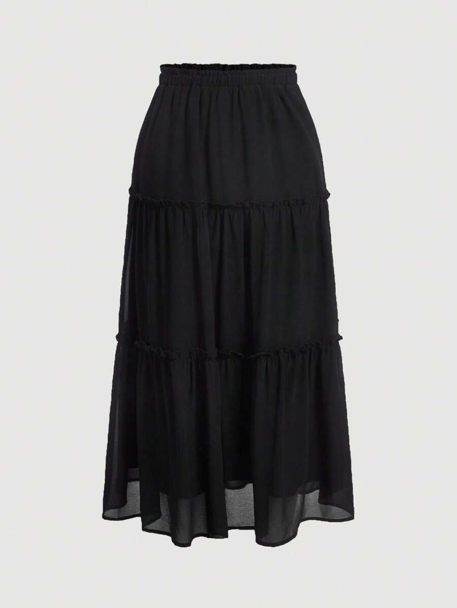 SHEIN MOD Solid Frill Trim Ruffle Hem Skirt - Black - View 1