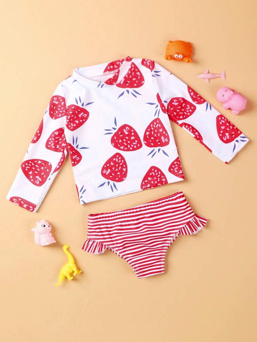 2pcs/Set Girls Strawberry Print Swimwear Set, Cute Swimming Suit & Beach Outfit - Multicolor - View 1