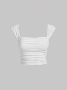 SHEIN MOD Solid Ruched Crop Wide Strap Top - White - View 1