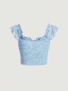 SHEIN MOD Floral Print Tie Front Ruched Bust Frill Trim Crop Tee - Baby Blue - View 2
