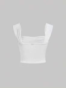 SHEIN MOD Solid Ruched Crop Wide Strap Top - White - View 2