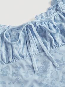 SHEIN MOD Floral Print Tie Front Ruched Bust Frill Trim Crop Tee - Baby Blue - View 3