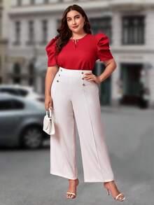 SHEIN Clasi Talla grande Blusa de cuello con abertura de ojo de manga farol - Rojo - Ver 3