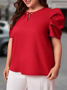 SHEIN Clasi Talla grande Blusa de cuello con abertura de ojo de manga farol - Rojo - Ver 4