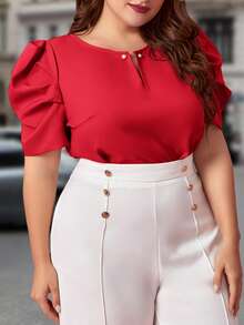 SHEIN Clasi Talla grande Blusa de cuello con abertura de ojo de manga farol - Rojo - Ver 5