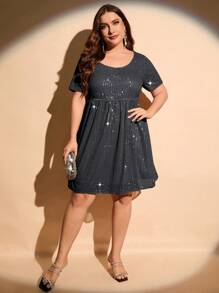 SHEIN LUNE 大碼亮片A字洋裝 - 深灰色 - 查看 3