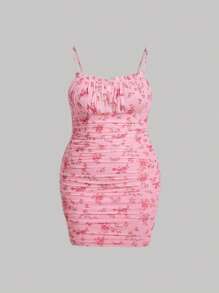 SHEIN MOD 大碼印花胸部褶皺網紗吊帶洋裝 - 粉色 - 查看 1