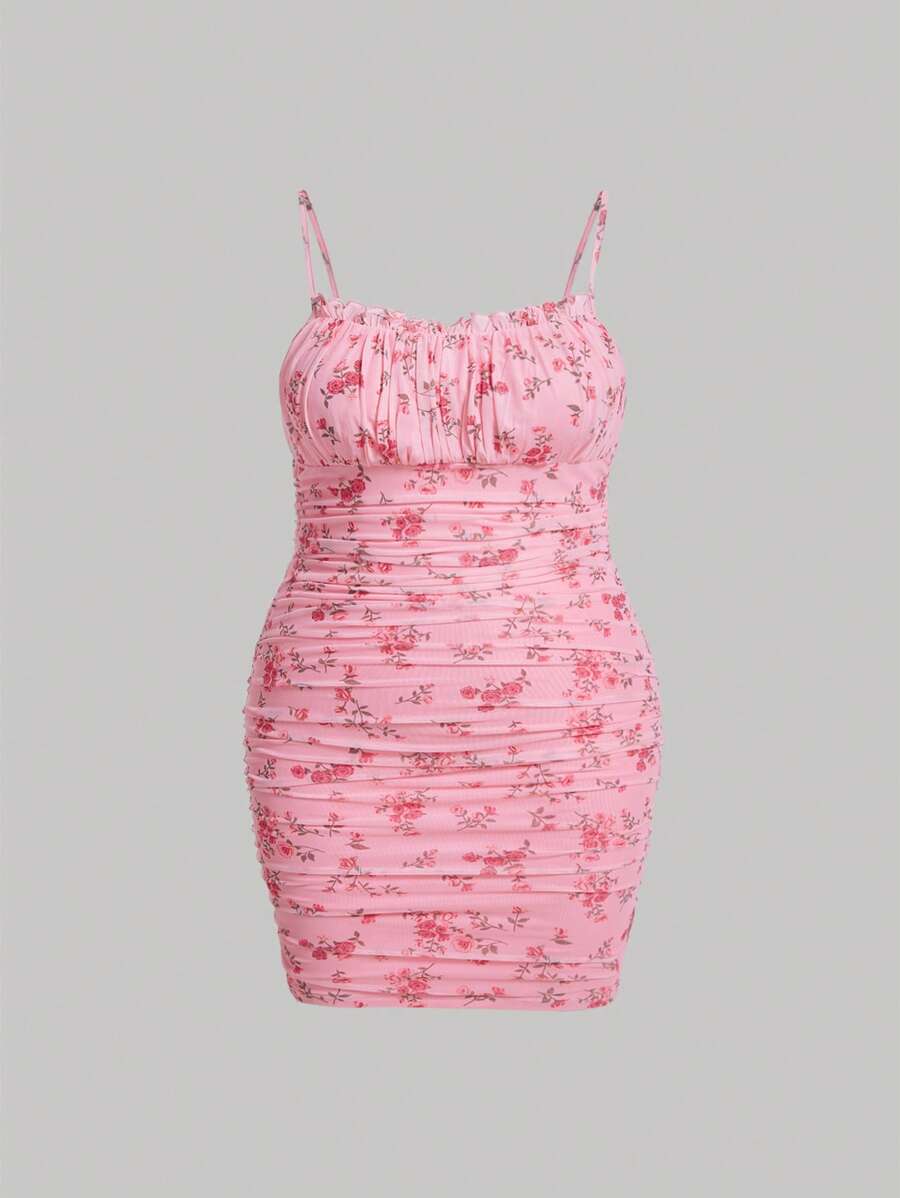 SHEIN MOD 大碼印花胸部褶皺網紗吊帶洋裝 - 粉色 - 查看 1
