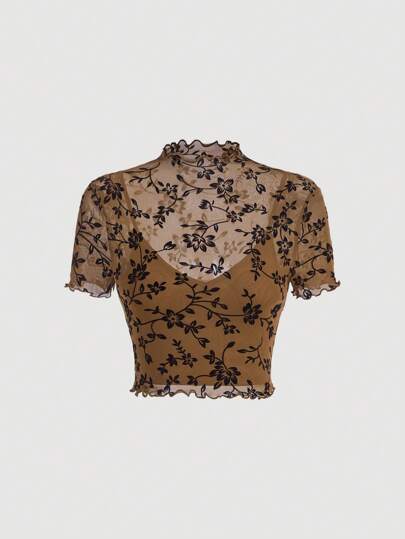 SHEIN MOD Haut Court À Col Roulé En Maille Superposée De Laitue Avec Imprimé Floral Marron Foncé Et Contraste Noir Flocked