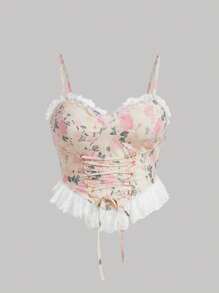 SHEIN MOD Plus Floral Print Lace Trim Lace Up Front Cami Top - Multicolor - View 1