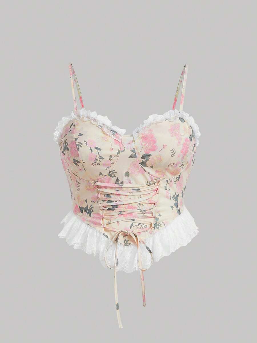 SHEIN MOD Plus Floral Print Lace Trim Lace Up Front Cami Top - Multicolor - View 1