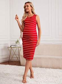 SHEIN 孕婦條紋印花背心洋裝 - 紅色 - 查看 1