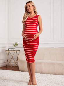 SHEIN 孕婦條紋印花背心洋裝 - 紅色 - 查看 4