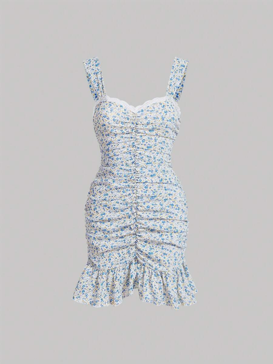 SHEIN MOD 碎花褶邊荷葉邊吊帶連衣裙 - 彩色 - 查看 1