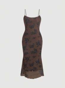 SHEIN MOD 滿版印花木耳邊網紗吊帶洋裝 - 咖啡棕 - 查看 1