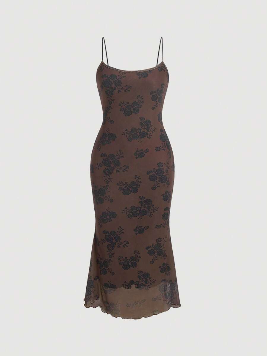 SHEIN MOD 滿版印花木耳邊網紗吊帶洋裝 - 咖啡棕 - 查看 1