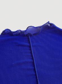 SHEIN MOD Lettuce Trim Sheer Mesh Blue Turtleneck See-Through Top - Blue - View 3