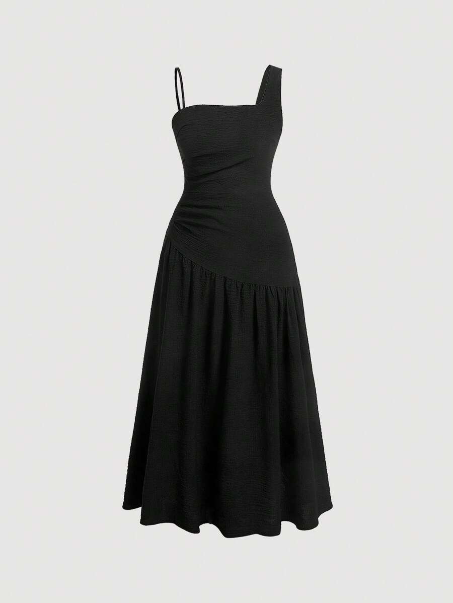 SHEIN MOD Solid Asymmetrical Neck Ruched Dress - Black - View 1