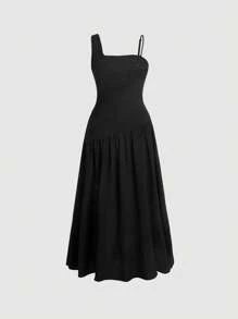 SHEIN MOD Solid Asymmetrical Neck Ruched Dress - Black - View 2