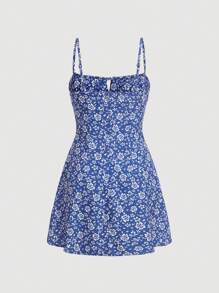 SHEIN MOD Vải in hoa Tie Trước Váy Dây - Xanh và trắng - Xem 2