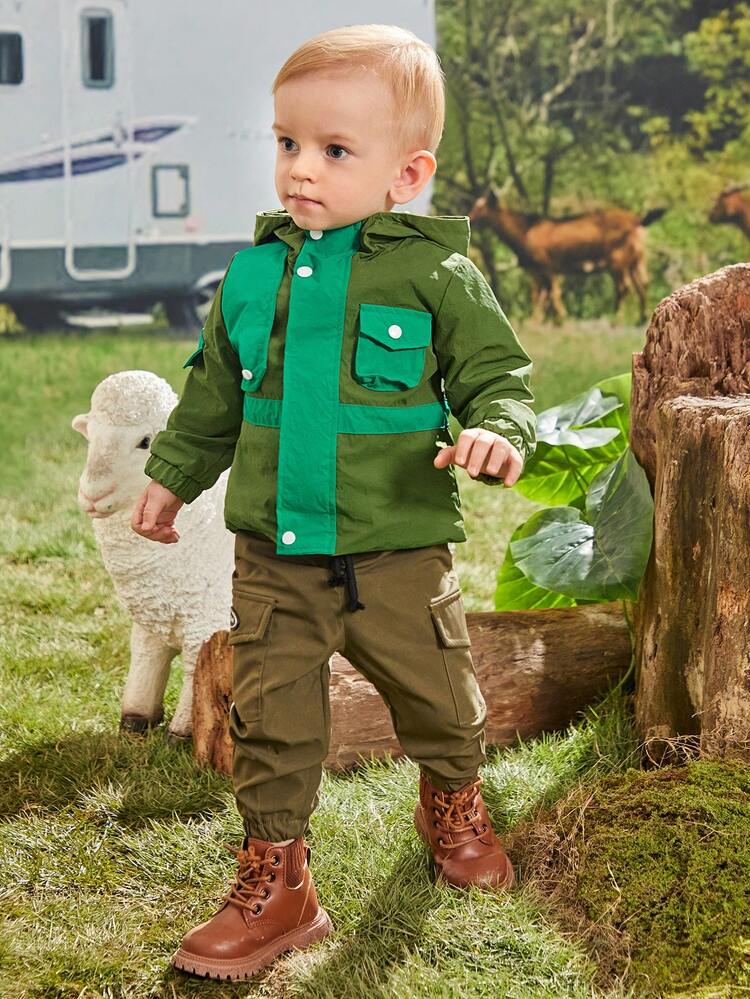 Baby Boy Two Tone Flap Pocket Hooded Coat