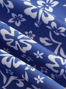 SHEIN MOD Vải in hoa Tie Trước Váy Dây - Xanh và trắng - Xem 3